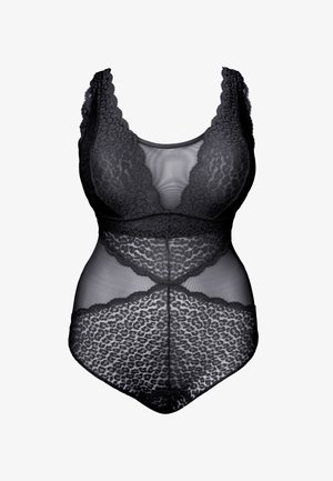 Black lace bodysuit with floral patterns, sheer mesh panels, scalloped edges, and a deep V-neckline on sleeveless design.