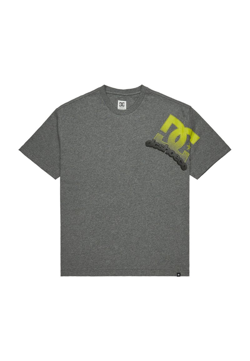 Gray short-sleeve T-shirt with a large yellow and black DC Shoes logo on the upper left chest area.