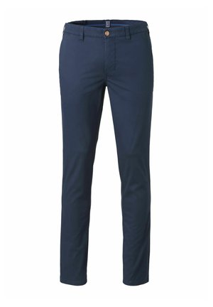 Marineblauwe slim-fit broek met riemlussen, knoop aan de voorkant, ritssluiting en twee zijzakken, weergegeven op een effen witte achtergrond.