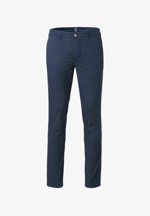 Pantalon bleu marine coupe slim avec passants pour ceinture, bouton à l'avant, braguette zippée et deux poches latérales, présenté sur fond blanc uni.
