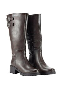 Par de botas de cuero marrón oscuro hasta la rodilla con tacones bajos y bloques, y dos hebillas ajustables cerca de la parte superior en el lado exterior.