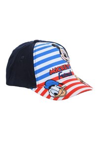Gorra de béisbol con un diseño a rayas en azul y blanco en un lado, rayas rojas en el visor y estampados de dibujos animados de Mickey Mouse y Donald Duck.