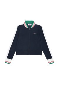 Marine bomberjack met een rits aan de voorkant, groene kraag en witte mouwen met rode en groene strepen; klein logo op de linkerkant van de borst.