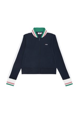 Giacca bomber blu navy con chiusura a zip, colletto verde e maniche bianche con strisce rosse e verdi; piccolo logo sul petto sinistro.