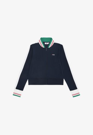 Chaqueta de bombardero azul marino con cremallera en la parte delantera, cuello verde y mangas blancas con rayas rojas y verdes; pequeño logo en el lado izquierdo del pecho.