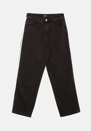 Blugi negri, drepti, cu talie înaltă, nasture frontal și buzunare, prezentați întinși pe un fundal alb.