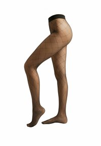 Collants en résille noire avec un motif en diamants, dotés d'une taille solide et d'une texture transparente, couvrant les jambes jusqu'à mi-cuisse.