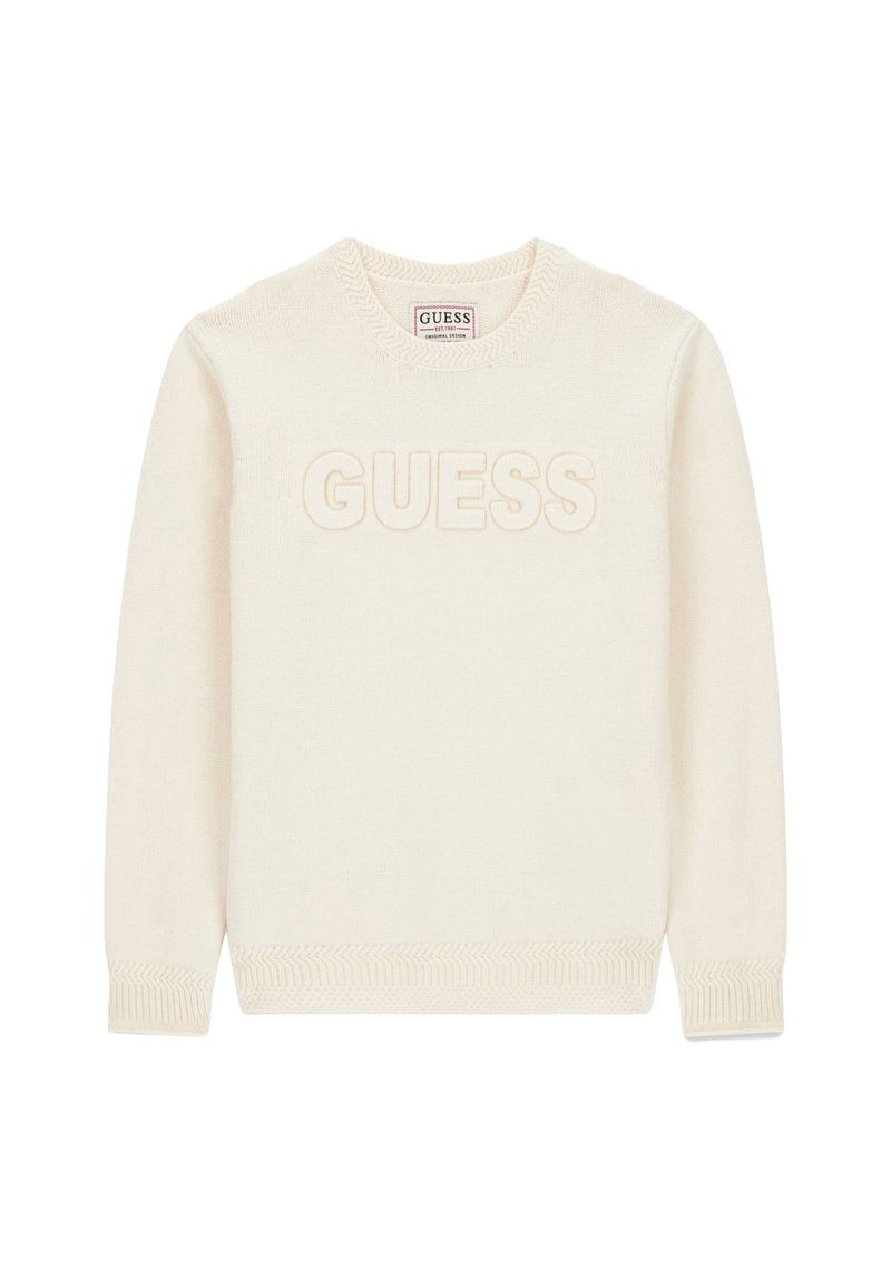 Licht crèmekleurige trui met gebreide textuur, ribbelmanchetten en -zoom. Bevat een verhoogd, tonale "GUESS" logo aan de voorkant. Crew neck ontwerp.