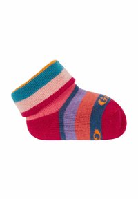 Colorful knitted sock with a red base, featuring stripes in pink, purple, teal, and orange. Includes a logo in orange near the toe.