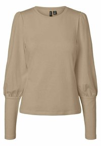 Langärmliges T-Shirt mit Rundhalsausschnitt in Hellbeige. Hergestellt aus weichem, dehnbarem Material mit gepufften Ärmeln und enganliegenden Bündchen. Glatte Textur.