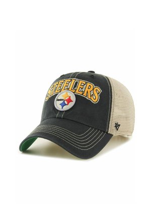 Black and beige mesh baseball cap with "Steelers" text and Pittsburgh Steelers logo on front.
