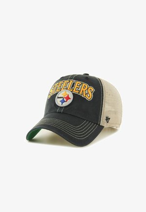 Black and beige mesh baseball cap with "Steelers" text and Pittsburgh Steelers logo on front.