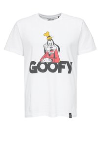 Valkoinen puuvillateeppari, jossa on pyöreä pääntie ja joka esittää Goofy-hahmoa punaisissa vaatteissa. Sen alla lukee sanalla "GOOFY" paksuilla mustilla kirjaimilla.