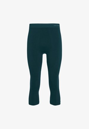 Donkergroene driekwartlegging met een gladde textuur en een elastische tailleband, met subtiele ribbels langs de zijkanten.