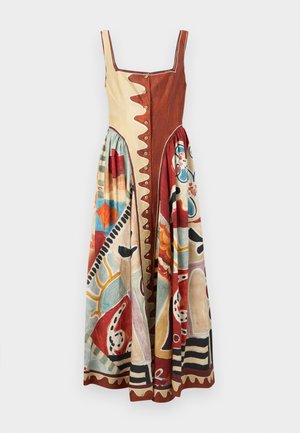 Rochie lungă fără mâneci cu corsaj cu nasturi, având modele abstracte și geometrice multicolore în tonuri pământii.