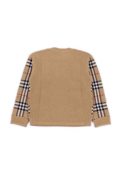 Maglione lavorato a maglia beige con texture a coste e maniche a motivo tartan in bianco, nero e rosso. Scollo rotondo semplice, maniche lunghe.