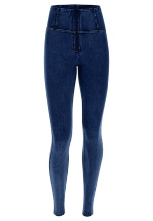 Højtaljede mørkeblå skinny jeans med frontlynlås og synlige sømdetaljer langs benene og taljen.