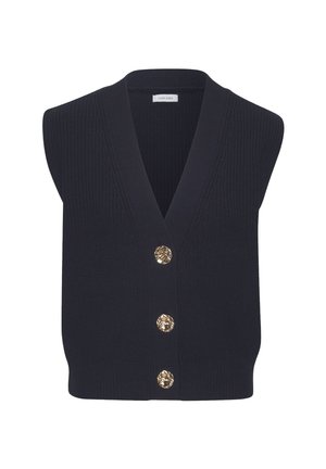 Navyfarbener, ärmelloser Strick-Pullover mit einem tiefen V-Ausschnitt, der vier goldfarbene dekorative Knöpfe auf der Vorderseite aufweist. Texturiert Stoff.