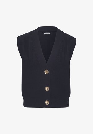 Navyfarbener, ärmelloser Strick-Pullover mit einem tiefen V-Ausschnitt, der vier goldfarbene dekorative Knöpfe auf der Vorderseite aufweist. Texturiert Stoff.