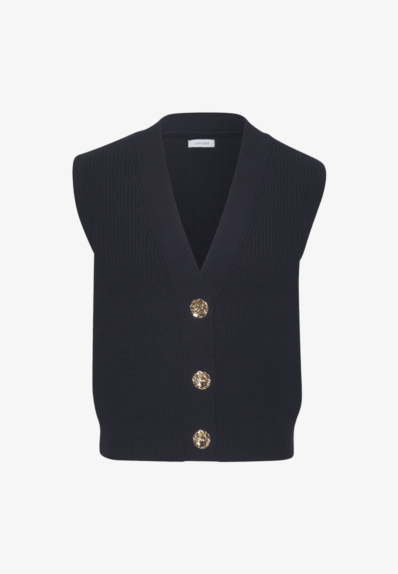Navyfarbener, ärmelloser Strick-Pullover mit einem tiefen V-Ausschnitt, der vier goldfarbene dekorative Knöpfe auf der Vorderseite aufweist. Texturiert Stoff.