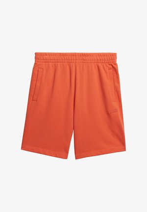 Orange Baumwoll-Sportshorts mit einem elastischen Bund, zwei Seitentaschen und einem kleinen Logo auf der linken Seite.