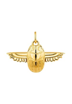 Colgante de escarabajo dorado con alas y cuerpo detallados. Presenta un acabado pulido y texturas intrincadas. Incluye un lazo para su sujeción.