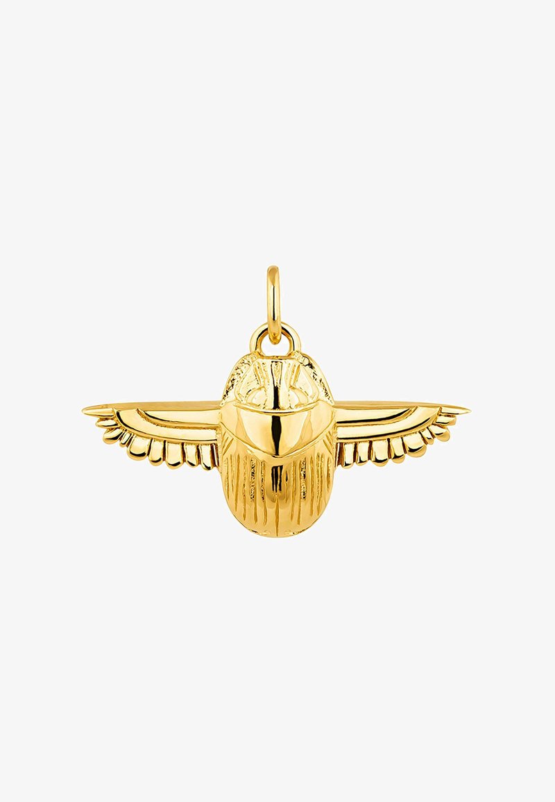 Colgante de escarabajo dorado con alas y cuerpo detallados. Presenta un acabado pulido y texturas intrincadas. Incluye un lazo para su sujeción.
