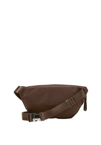 Brown, padded shoulder bag with a sleek, rounded shape. Features a durable strap and metallic buckle, made from smooth material.