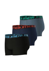 Trois paires de boxers en noir, marine et gris. Chacune présente un ceinture élastique distincte avec un logo "ATHENA" en lettres majuscules.