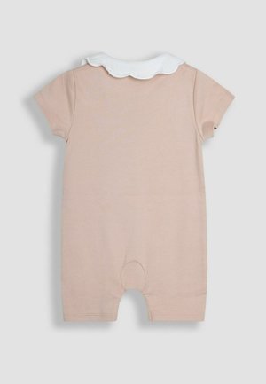 Romper per neonati di un delicato rosa pallido con colletto bianco a forma di scallop, maniche corte e chiusura a scatto nella parte inferiore. Realizzato in morbido cotone.