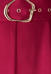 Pas v globoko rdeči tkanini z velikim zlatim ovalnim zaponkom z gladkim zaključkom, okrašen z kovinskimi očesi vzdolž pasu.