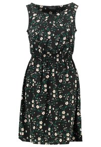 Vestido negro sin mangas con estampado floral, que presenta acentos en blanco y verde, cintura elástica recogida y escote redondo.