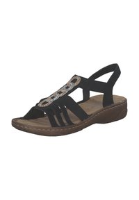 Svart sandal med rund tå, försedd med elastiska remmar och metallkedjeaccenter. Sulan är formad för komfort, med en strukturerad botten.