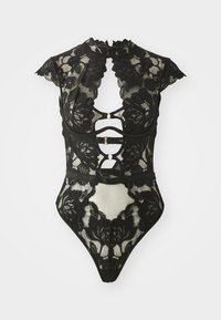 Black lace bodysuit with cap sleeves, floral pattern, keyhole cutouts, and a sheer panel. Features adjustable straps and a thong back design.