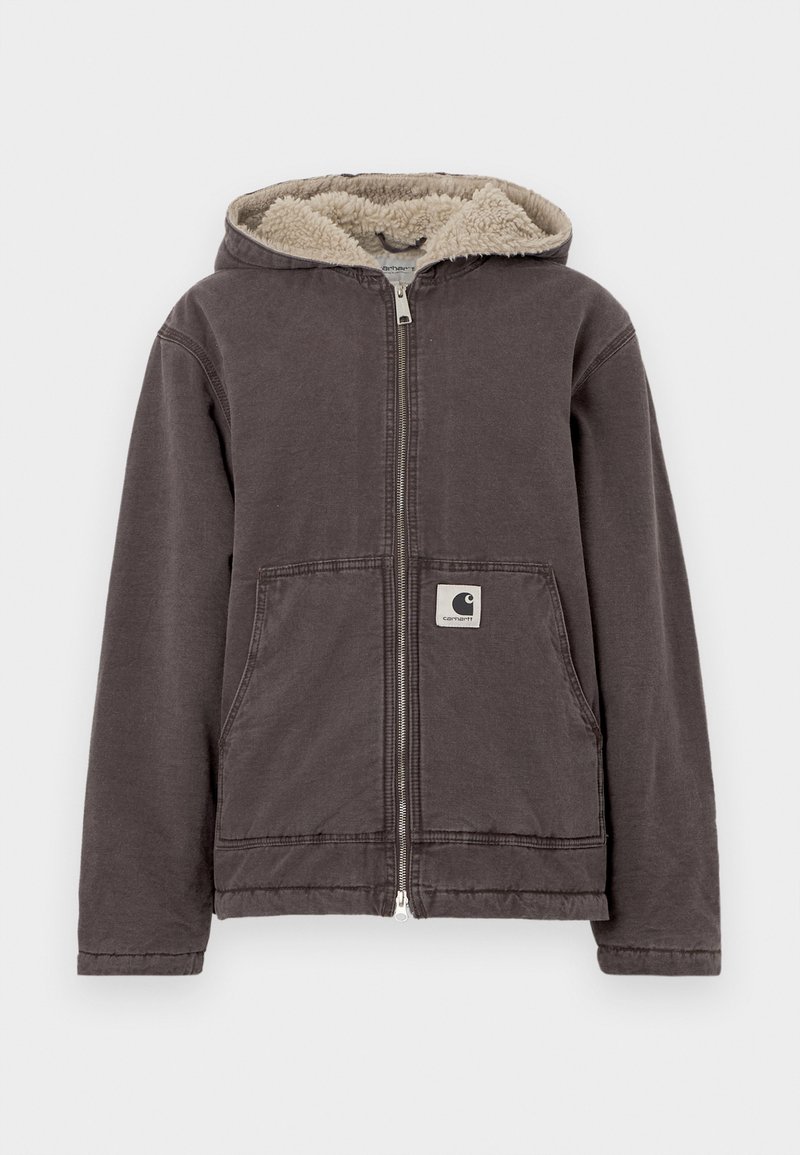 Gray zip-up jacket with a hood, featuring a beige faux fur lining, two front pockets, and a small logo patch on the left pocket.