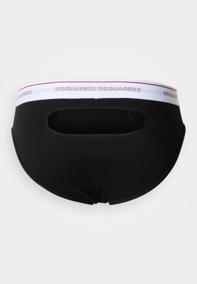 Μαύρο ανδρικό εσώρουχο από βαμβάκι με λευκή μέση που φέρει το λογότυπο "DSQUARED2" και σχεδιασμό με άνοιγμα στο πίσω μέρος. Λείο ύφασμα και εφαρμοστή γραμμή.
