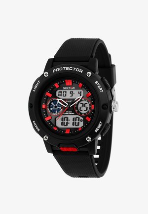 Montre numérique avec un bracelet en caoutchouc noir, un boîtier rond noir, des accents rouges et un affichage analogique-numérique dual. Elle dispose de boutons pour le mode et la lumière.