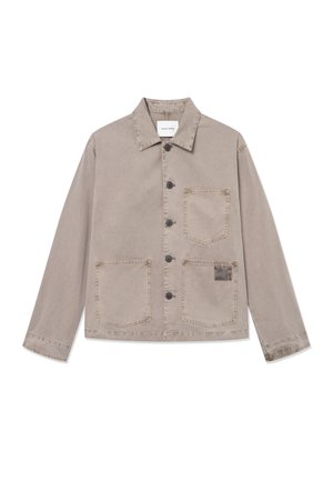 Light brown collared jacket featuring four pockets, button closures, and a woven label. Made from a durable fabric with a smooth texture.