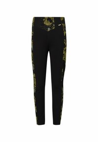 Leggings negros con paneles laterales en verde y negro con un diseño ajustado y cinturilla elástica. Textura de tela suave y elástica.