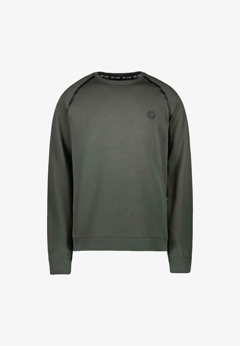 Groene katoen sweatshirt met een ronde hals, geribbelde manchetten en zoom, en zwarte accenten op de schouders. Heeft een klein logo op de borst.