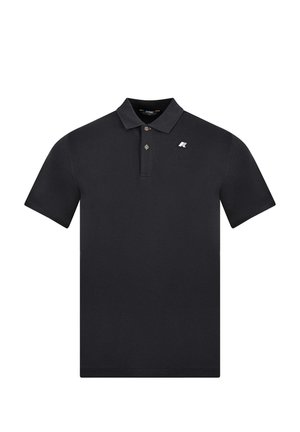 Polo nera a maniche corte con colletto abbottonato e piccolo logo bianco sul petto sinistro.