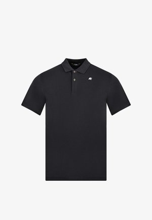 Polo nera a maniche corte con colletto abbottonato e piccolo logo bianco sul petto sinistro.