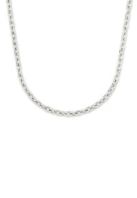 Collana a catena d'argento con maglie ovali, finitura lucida, design uniforme e texture liscia. Nessuna chiusura visibile o decorazioni aggiuntive.