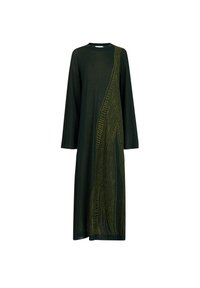 Langdurige mouwen, groene jurk met een ronde halslijn en een gele lijnpatroon dat één kant accentueert. Gemaakt van lichte stof.