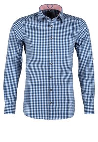 Blauw-wit geruit overhemd met lange mouwen, knoopsluiting aan de voorkant en contrasterende rode accentkraag. Materiaal lijkt textuur te hebben, gestructureerde pasvorm.