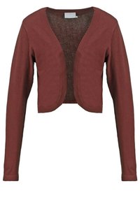 Burgunderfarbener, kurz geschnittener Cardigan mit langen Ärmeln, offener Vorderseite und weicher Textur. Leichtes Strickgewebe mit dezentem Muster.