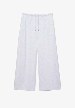 Lichtgrijze wijd uitlopende joggingbroek met elastische tailleband en trekkoord, gemaakt van zachte gebreide stof.