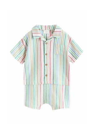 Body pentru bebeluși cu mâneci scurte, cu dungi verticale multicolore, nasturi în față, guler, buzunar la piept și pantalon scurt atașat.