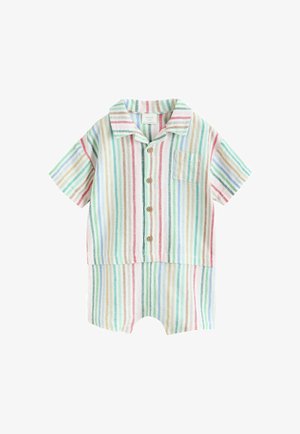 Short-sleeve baby romper with vertical multicolored stripes, button front, collar, chest pocket, and shorts attached.