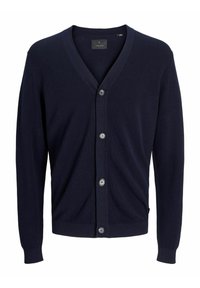 Mörkblå kofta i texturerat tyg, med V-ringning, långa ärmar och knappstängning med fem rundade knappar.